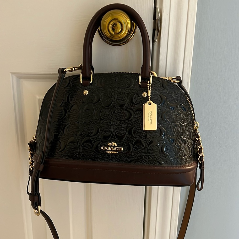 Coach Satchel Signature Black Patton and Brown leather crossbody or arm carry.